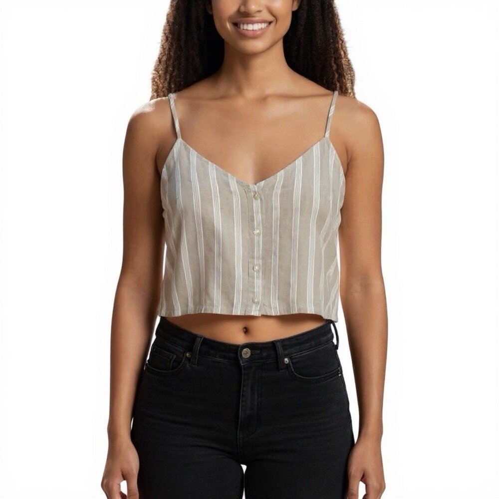 WEEKEND Los Angeles Linen Cami Crop Top Size XL Pumice Cream Striped Tan Smocked